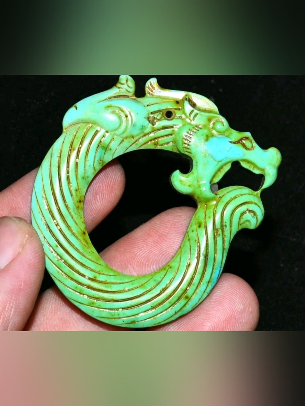 Green Dragon Carved Turquoise Pendant
